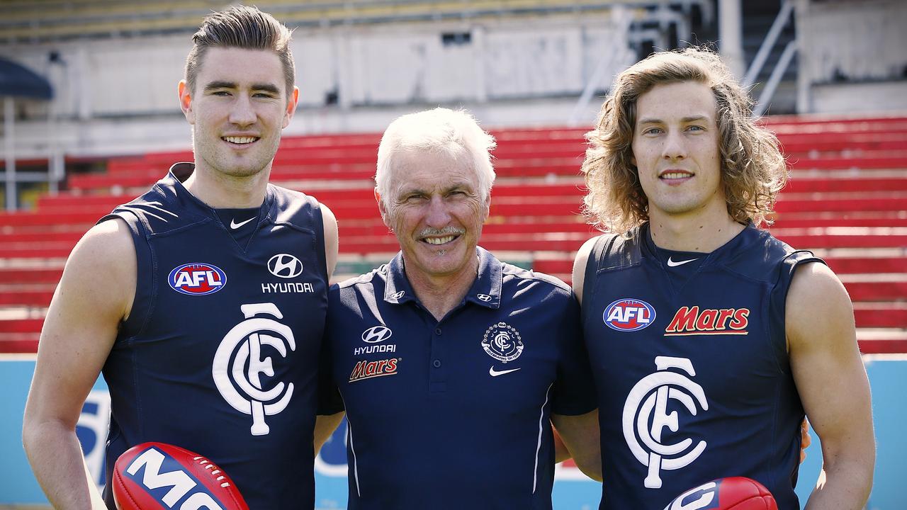 Mick Malthouse with two of the recruits during his tenure, Kristian Jaksch and Mark Whiley. Picture: Wayne Ludbey.