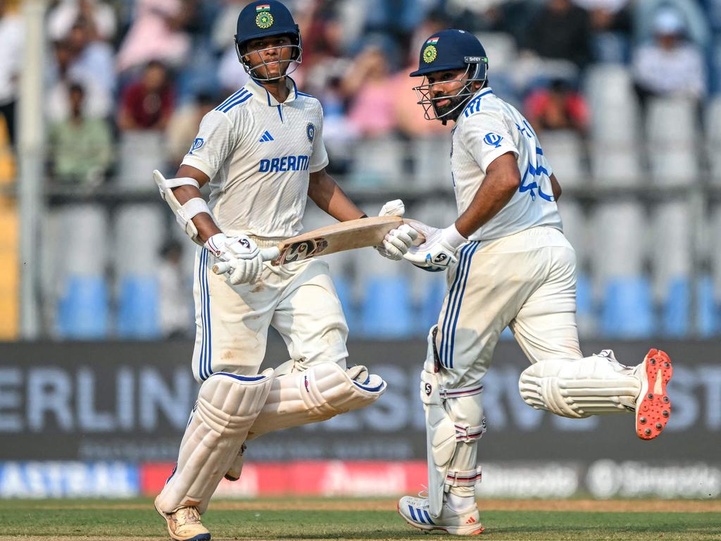 India's captain Rohit Sharma, right, and his young teammate Yashasvi Jaiswal, left, run between the wickets during the first day of the third Test cricket match between India and New Zealand at the Wankhede Stadium in Mumbai on November 1, 2024. Picture: Indranil Mukherjee/AFP