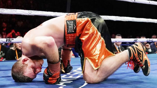 Jeff Horn hits the deck in the first fight against Michael Zerafa in August