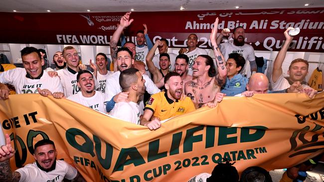The Socceroos celebrate qualifying for this year’s World Cup. Picture: Joe Allison /Getty Images