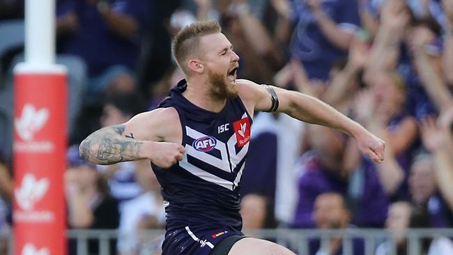 Cam McCarthy celebrates one of his five goals in the Dockers’ drubbing of North Melbourne. Picture: Paul Kane/Getty Images