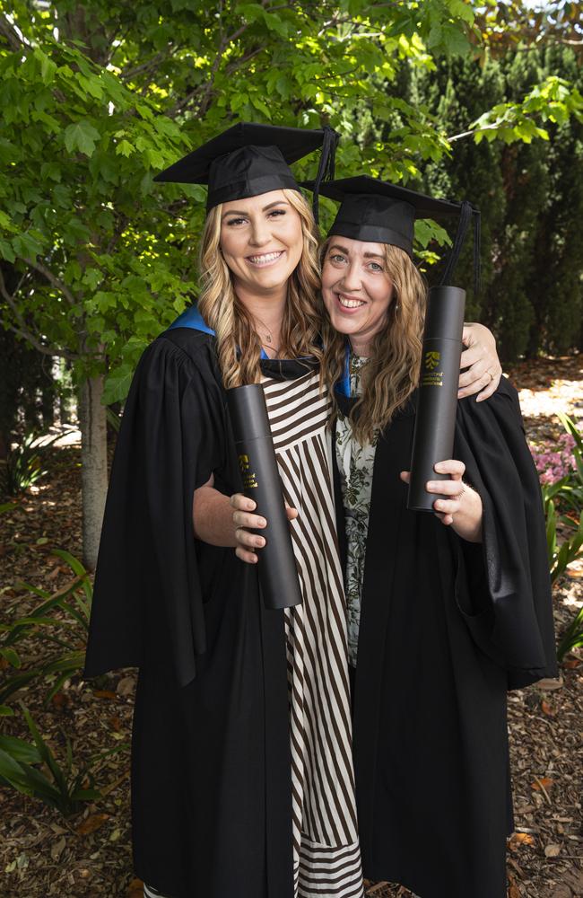 Bachelor of Nursing graduates Kimberlee Wilson and Jess Baartz at a UniSQ graduation ceremony at The Empire, Tuesday, October 29, 2024. Picture: Kevin Farmer