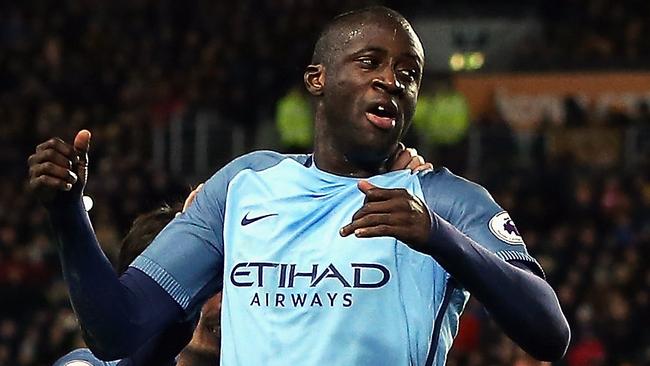 Yaya Toure of Manchester City celebrates scoring the opening goal vs Hull.