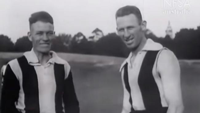 St Kilda’s Barney Carr and Bill Cubbins on the training track. Picture: National Film and Sound Archive