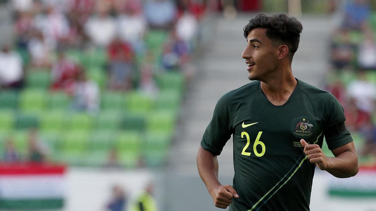 Daniel Arzani scores a goal for Australia during the Socceroos v Hungary friendly.
