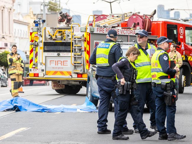 Emergency services at the scene on Tuesday. Picture: Jake Nowakowski