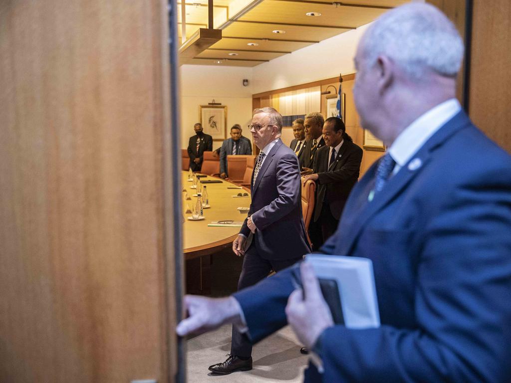 Mr Albanese and Mr Sogavare held formal talks on Thursday before they were expected to have dinner together at The Lodge. Picture: NCA NewsWire / Gary Ramage