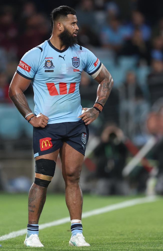 Payne Haas of the Blues looks dejected during game one. Picture: Getty Images