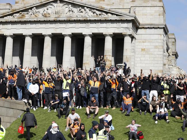 Protesters swarm the Shrine of Remembrance. Picture: Alex Coppel