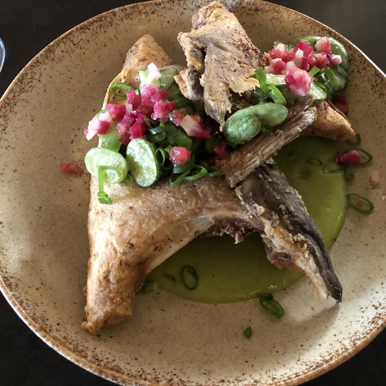 Fried kingfish wing with zucchini cream at The Odd Plate, Kingscote, Kangaroo Island