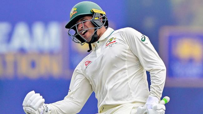 Australia's Usman Khawaja celebrates after scoring a century (100 runs) during the first day of the first Test cricket match between Sri Lanka and Australia at the Galle International Cricket Stadium in Galle on January 29, 2025. (Photo by Ishara S. KODIKARA / AFP)