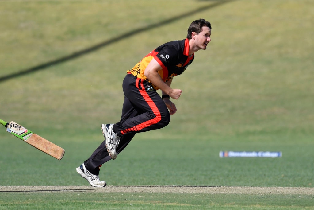 Michael Topp bowls for Liebke Lions against George Banks Umbrellas in Darling Downs Bush Bash League (DDBBL) round five T20 cricket at Highfields Sport Park, Sunday, October 20, 2019. Picture: Kevin Farmer