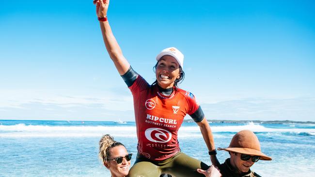 ROTTNEST ISLAND, AUS – MAY 25: Sally Fitzgibbons (AUS) after winning the Final of the Rip Curl Rottnest Search presented by Corona on MAY 25, 2021 in Rottnest Island, WA, Australia.(Photo by Cait Miers/World Surf League via Getty Images)