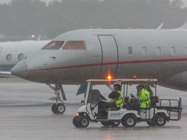 SYDNEY, AUSTRALIA - NewsWire Photos FEBRUARY 19, 2024: Taylor SwiftÃs jet arrives at Sydney airport today in heavy rain. The jet pulled in to the hangar so that she could exit the plane and head to her hotel unseen. Picture: NCA NewsWire / David Swift