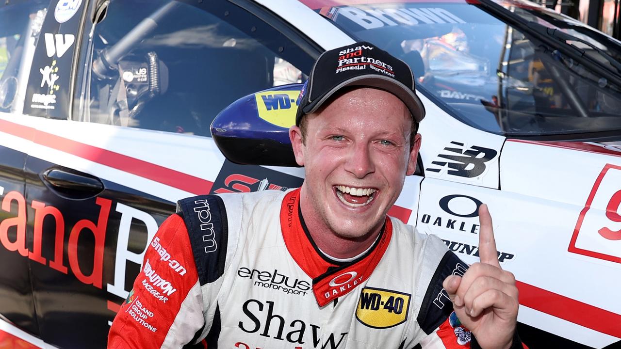 BATHURST, AUSTRALIA - DECEMBER 03: Will Brown driver of the #9 Erebus Motorsport Holden Commodore ZB celebrates qualifying fastest during the Bathurst 1000 which is part of the 2021 Supercars Championship, at Mount Panorama, on December 03, 2021 in Bathurst, Australia. (Photo by Brendon Thorne/Getty Images)