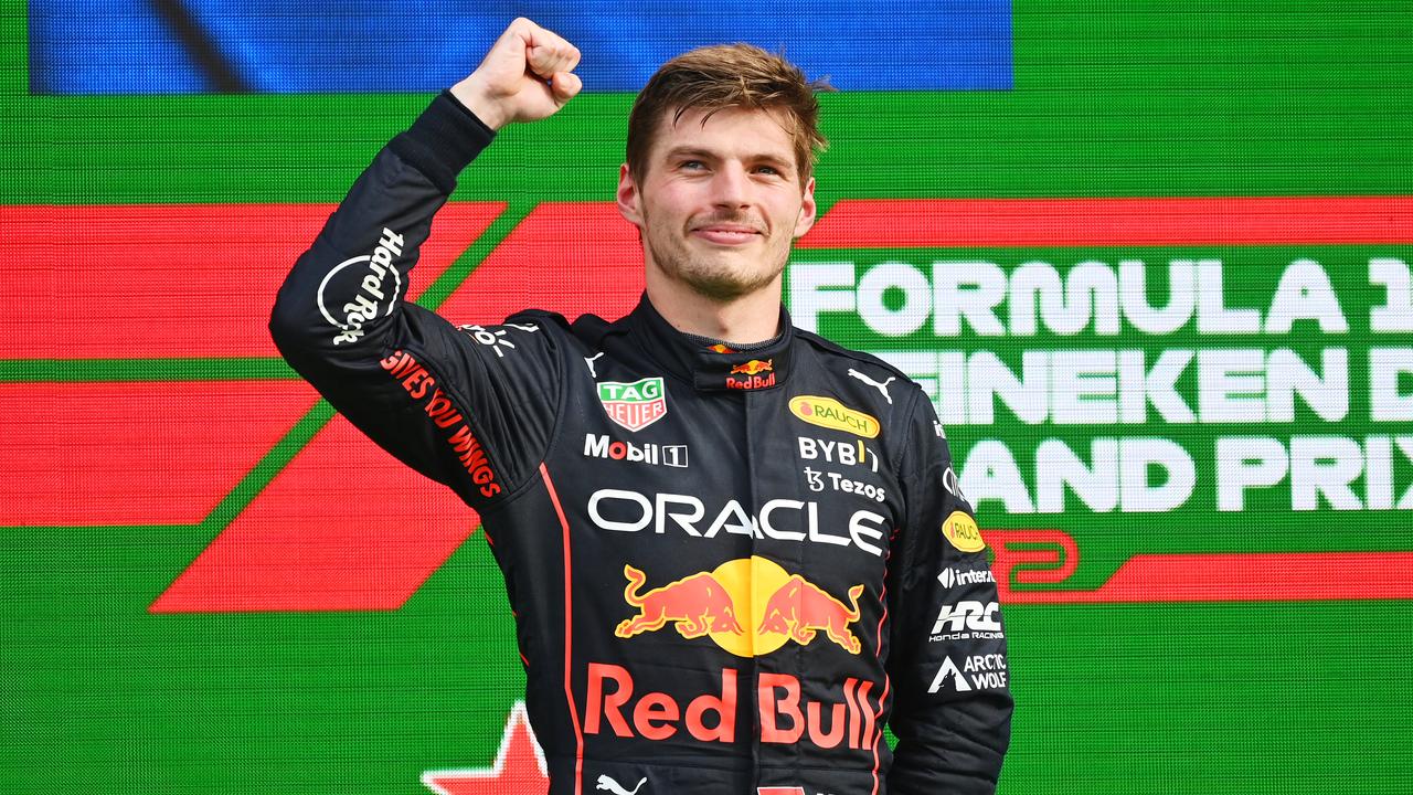 ZANDVOORT, NETHERLANDS - SEPTEMBER 04: Race winner Max Verstappen of the Netherlands and Oracle Red Bull Racing celebrates on the podium during the F1 Grand Prix of The Netherlands at Circuit Zandvoort on September 04, 2022 in Zandvoort, Netherlands. (Photo by Dan Mullan/Getty Images)