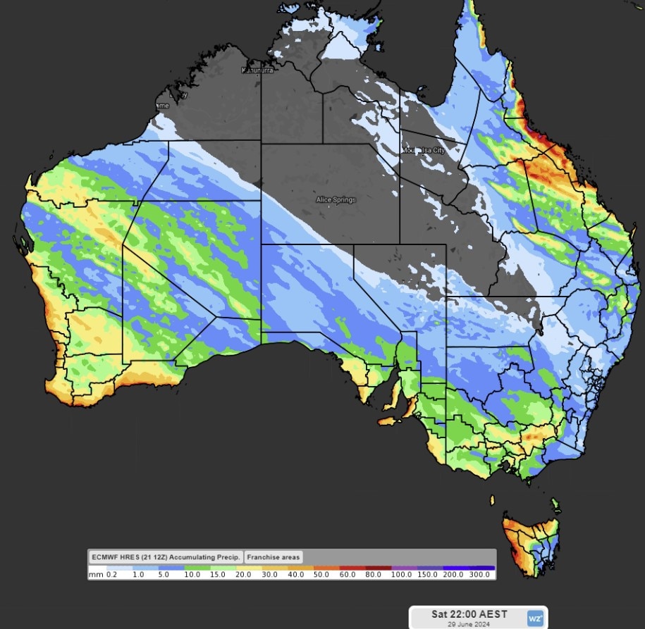 Multiple states are set to be lashed with rain following a freezing weekend for Aussie capitals. Pictured is the accumulating rainfall to 10pm AEST Saturday 29 June according to the high-resolution ECMWF model, published on Weatherzone. Picture: Supplied / Weatherzone