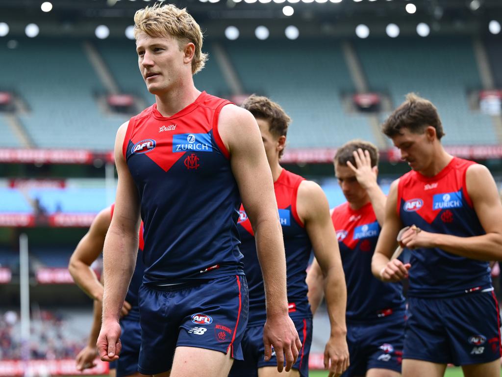 Melbourne could turn to young forward Jacob van Rooyen for its marquee fixture against Collingwood. Picture: Quinn Rooney/Getty Images