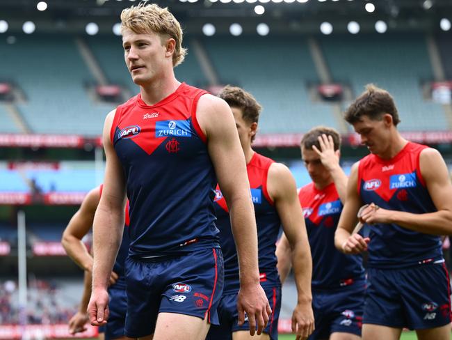 Melbourne could turn to young forward Jacob van Rooyen for its marquee fixture against Collingwood. Picture: Quinn Rooney/Getty Images
