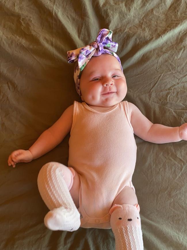 Florence. Four months old. Florence’s favourite things to do is smile. She smiles at everyone she sees. Her favourite time of day is bath time and her hand massages.