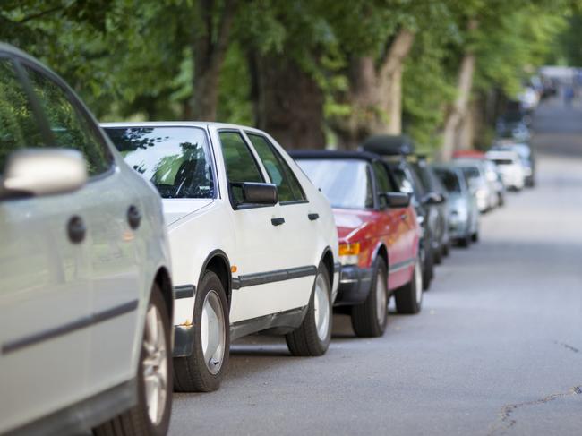 Street with long row of cars parked along a tree avenue.