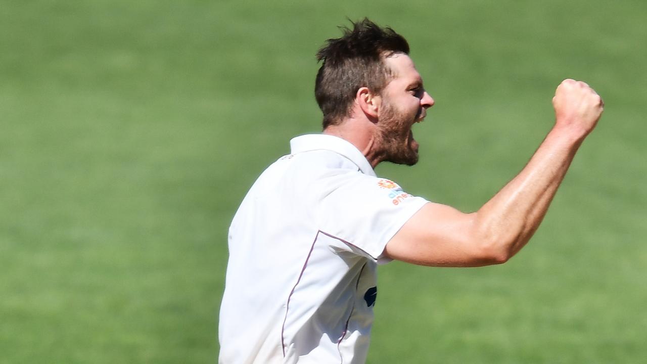 Mark Steketee celebrates a wicket in the Sheffield Shield.