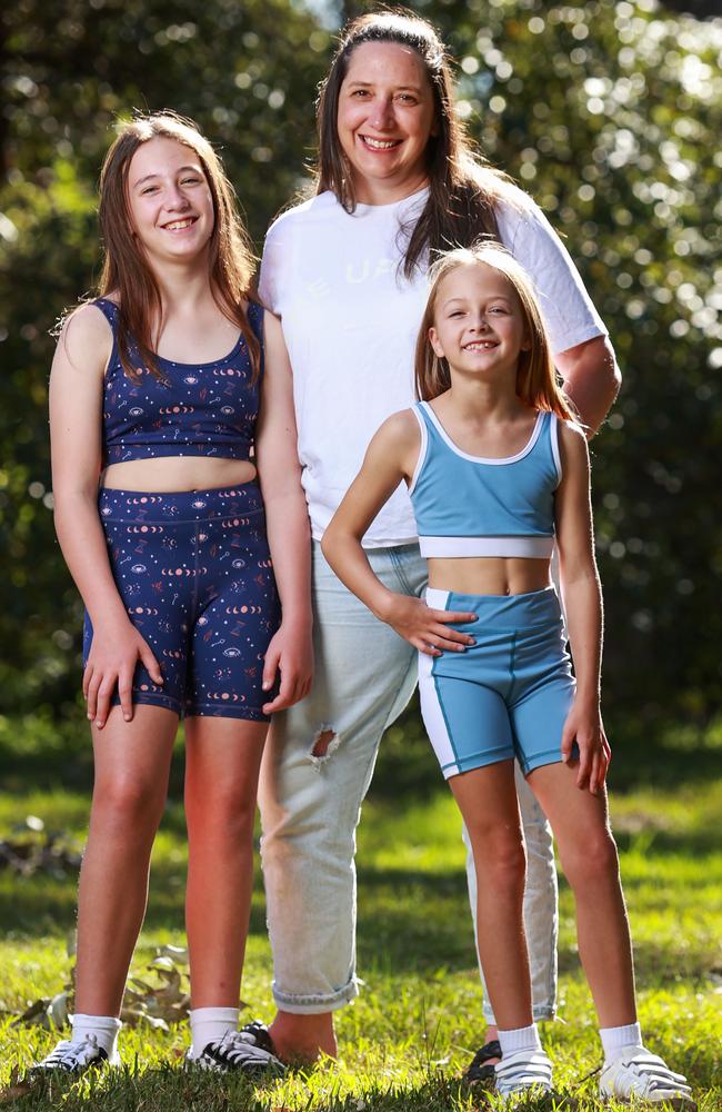 Sunny Activewear founder Ally Mahoney and her two daughters Lottie, 11, and Molly, 8. Picture: Justin Lloyd