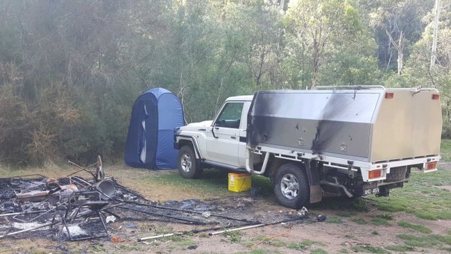 The damaged Wonnangatta Valley campsite belonging to Russell Hill and Carol Clay.