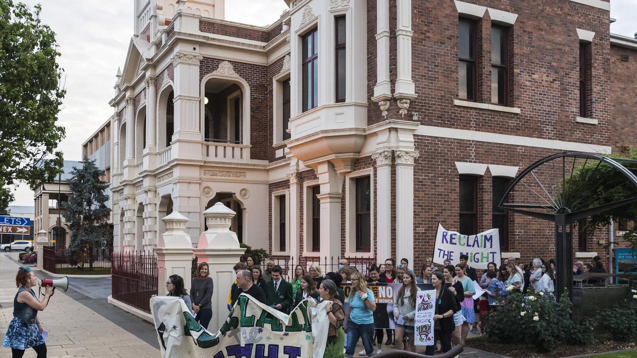 Reclaim the Night march leaves the village green in Toowoomba CBD, Friday, October 29, 2021. Picture: Kevin Farmer