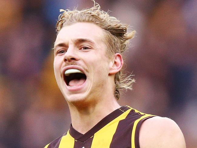 MELBOURNE, AUSTRALIA - AUGUST 04:  James Worpel of the Hawks, who kicked the winning goal, celebrates the win on the final siren during the round 20 AFL match between the Hawthorn Hawks and the Essendon Bombers at Melbourne Cricket Ground on August 4, 2018 in Melbourne, Australia.  (Photo by Michael Dodge/Getty Images)