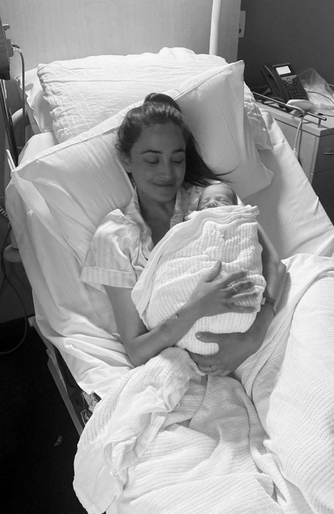 Channel 7 presenter Abbey Gelmi and partner, Richmond premiership star Kane Lambert, have announced the birth of their first child. Photo: Instagram, @abbeygelmi.