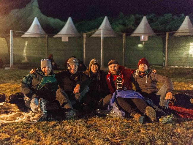 Australians (l-r) Jordan Hayes, James Hayes, Jessica Phua, Matthew Grandin, Sam Corby at Anzac Cove. Picture: Bradley Secker