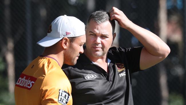 Brisbane coach Anthony Seibold talks to his captain Alex Glenn. Picture: Annette Dew