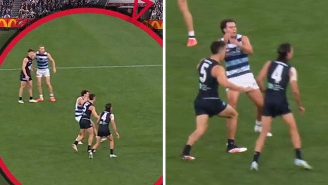 Adam Cerra collects Jack Bowes. Photo: Fox Footy.