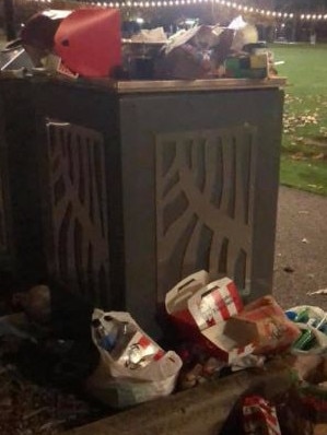 A bin overflowing in a Tea Tree Gully park. Picture: Elaine Richardson.