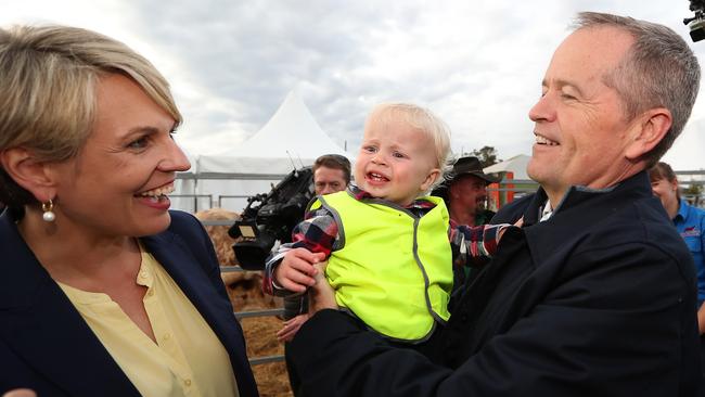 Tanya Plibersek and Bill Shorten with 18mth old Harvey Cresswell while on the campaign trail in Carrick, Tasmania. Picture: Kym Smith