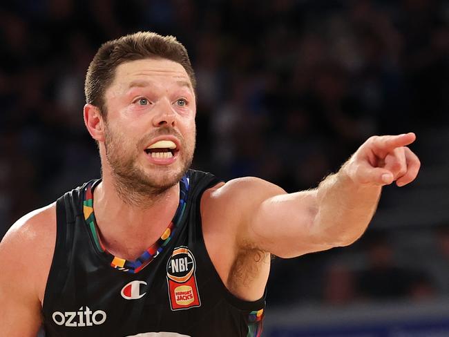 MELBOURNE, AUSTRALIA - OCTOBER 20: Matthew Dellavedova of United reacts during the round five NBL match between Melbourne United and South East Melbourne Phoenix at John Cain Arena, on October 20, 2024, in Melbourne, Australia. (Photo by Kelly Defina/Getty Images)