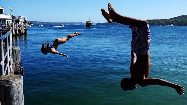 Jumping off Manly Wharf has been a popular pastime for generations of young people living on the northern beaches. Picture: Newscorp