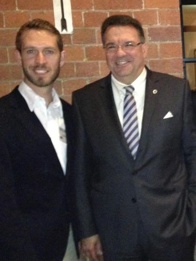 In happier times, Ben Riley (left) with Santo Santoro, posing for a photograph of former leaders of the Young LNP. Picture: YLNP