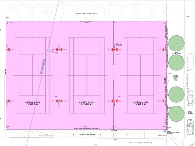 A diagram showing the location of the eight new light poles at the Bareena Park Tennis Club at Balgowlah Heights. Picture: Supplied