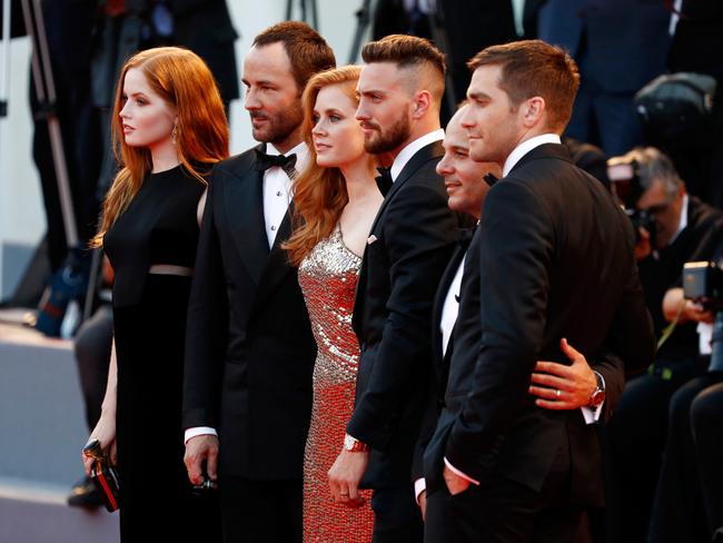 Ellie Bamber, Tom Ford, Amy Adams, Aaron Taylor-Johnson, Robert Salerno and Jake Gyllenhaal attend the premiere of ‘Nocturnal Animals’ during the 73rd Venice Film Festival at Sala Grande on September 2, 2016. Picture: Getty