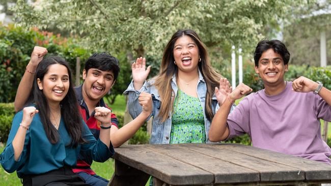 SYDNEY, AUSTRALIA - Daily TelegraphPhotos - Wednesday, 18 December 2024:Jiya Barot, 18, ATAR: 99.70, Satvik Warrier, 17 ATAR:99.65, Cassidy Lauguico, 18, ATAR: 97.45 and Dhruvil Patel , 17, ATAR: 96 pose for a photo at Penrith Selective High School. Inside the western sydney schools which dominated the HSC this year. Penrith High smashed it, scoring ahead of Kings, PLC, Scots, Ravenswood, Cranbrook. Its one of the many western schools which jumped up including Cambridge Park which jumped 100 places. Picture: Daily Telegraph/ Monique Harmer