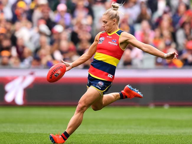 Crows co-captain Erin Phillips kicks the ball during the AFLW Grand Final match between Adelaide and Carlton at Adelaide Oval on March 31, 2019. Picture: DANIEL KALISZ/GETTY IMAGES