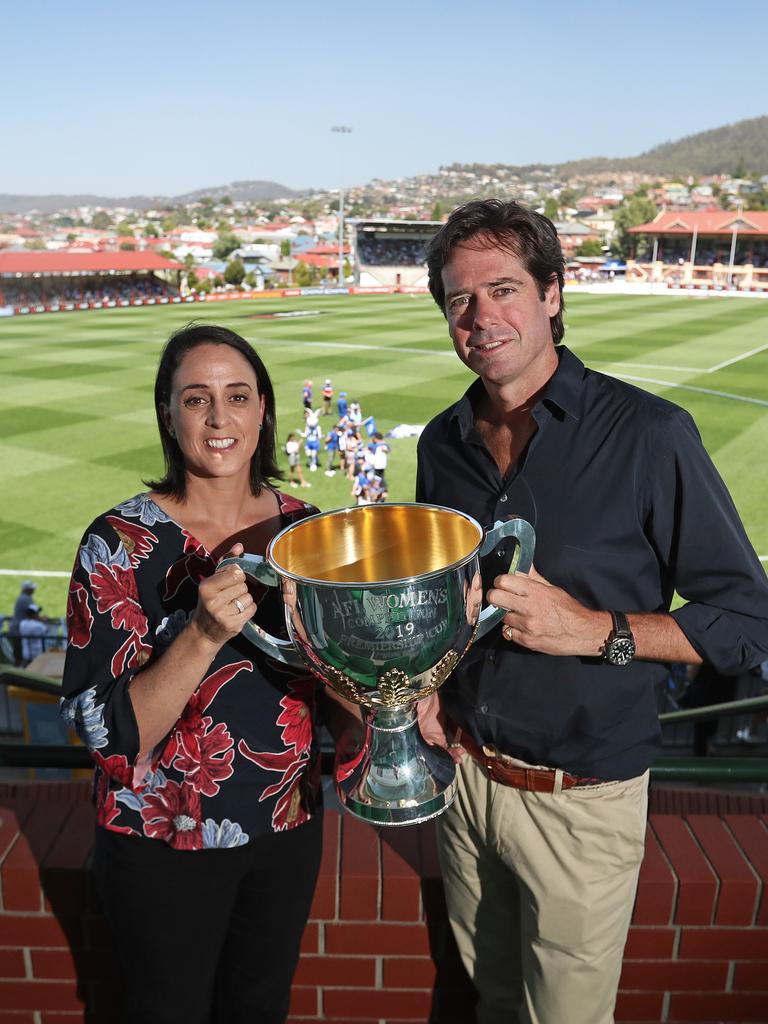 AFLW chief executive Nicole Livingston with AFL chief executive Gillon McLachlan at the match between North Melbourne and Carlton at North Hobart Oval. Picture: LUKE BOWDEN