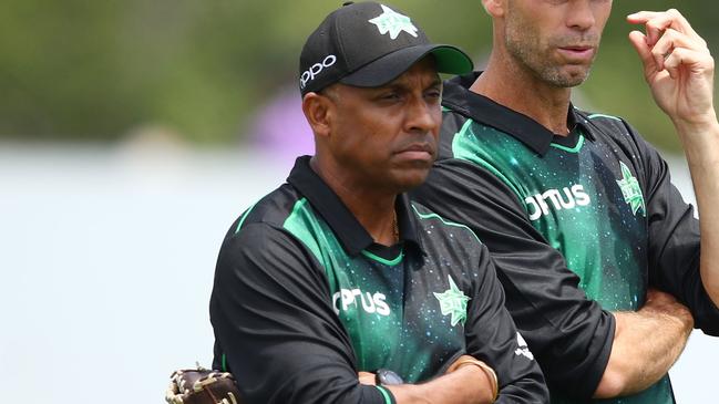 LAUNCESTON, AUSTRALIA - DECEMBER 08:  David Hemp, women's coach of the Stars and Dulip Samaraweera,  women's assistant coach look on during the Women's Big Bash League match between the Hobart Hurricanes and the Melbourne Stars at West Park on December 8, 2018 in Launceston, Australia.  (Photo by Scott Barbour/Getty Images)