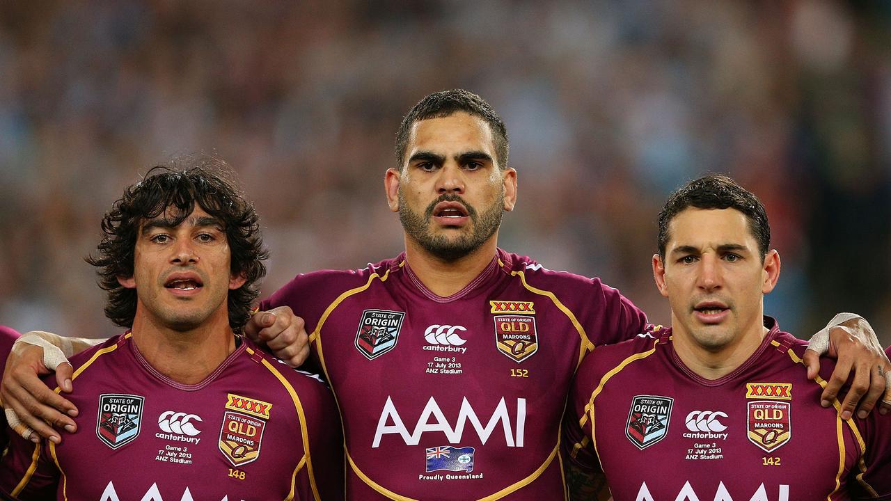 Queensland Origin greats Johnathan Thurston, Greg Inglis and Billy Slater. (Photo by Cameron Spencer/Getty Images)