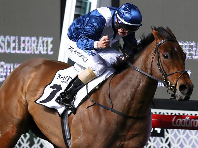 Jockey Joe Bowditch rides Viddora to win the Moir Stakes at Moonee Valley Racecourse in Melbourne on September 28. Picture: AAP Image/George Salpigtidis