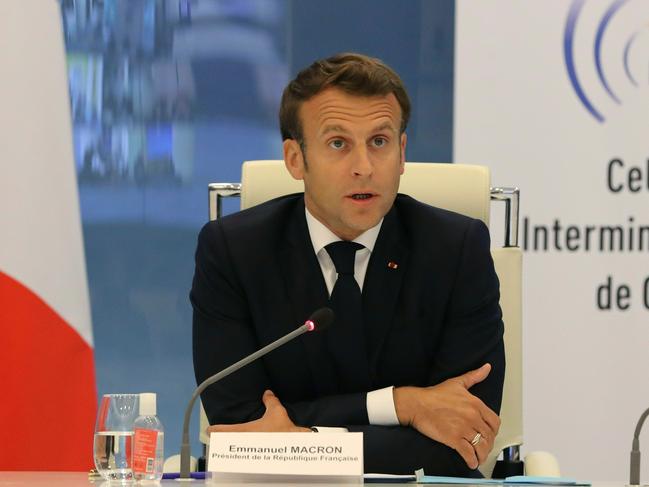 French President Emmanuel Macron attends a video conference with region prefects at the crisis centre of the Interior Ministry Picture: AP