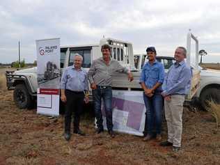 GrainCorp CEO, Mark Palmquist, CQ Inland Port Development manager, Alan Stent-smith, Warrick Stent-smith and transaction agent, Rawdon Briggs at the Central Queensland Inland port development site. Picture: Kristen Booth