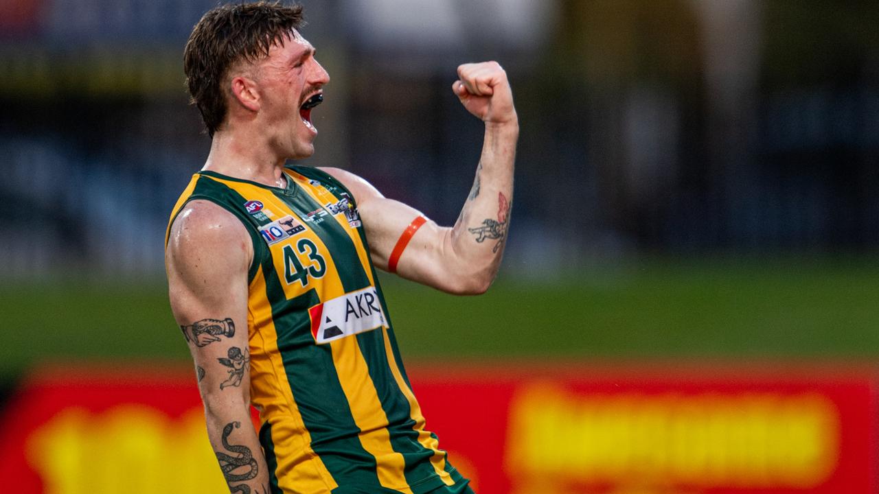 Benjamin Brett celebrates a goal for PINT against the Darwin Buffaloes in Round 10 of the 2023-24 NTFL season. Picture: Pema Tamang Pakhrin